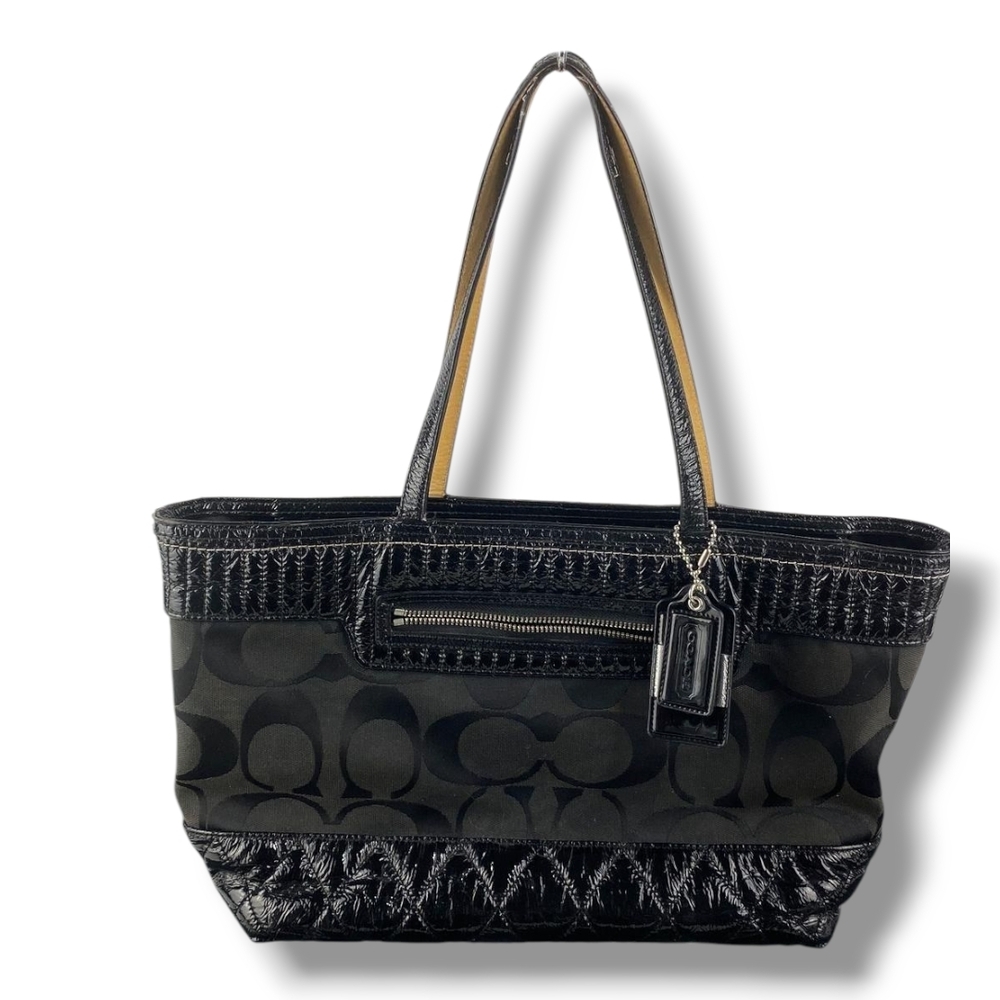 Coach 18676 Quilted Poppy Black on Black Jacquard Silver Tote Bag